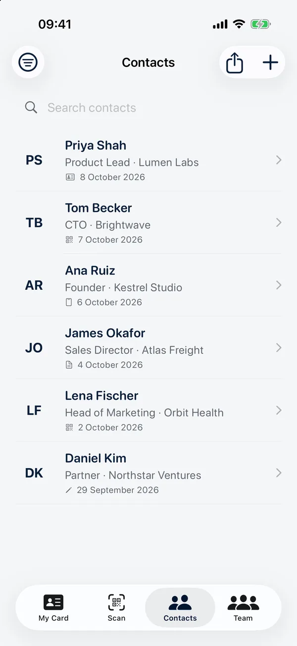 The Contacts tab: people scanned from business cards, badges and QR codes, each with their company and when you met.